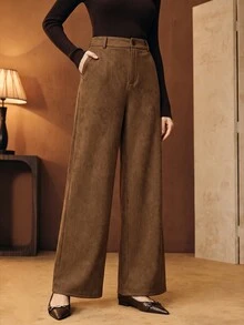 Anewsta American Retro High Waist Faux Suede Straight Leg Wide Leg Pants, Soft Velvet Drape Versatile Casual Long Pants For Autumn/Winter - Mocha Brown - View 7