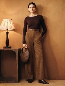 Anewsta American Retro High Waist Faux Suede Straight Leg Wide Leg Pants, Soft Velvet Drape Versatile Casual Long Pants For Autumn/Winter - Mocha Brown - View 3