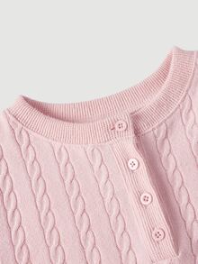 SHEIN MOD Dusty Pink Cable Knit Texture Button Decor Round Neck Dress Tea Party Brunch Day Party Date Summer French Romantic - Baby Pink - View 3