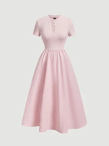 SHEIN MOD Dusty Pink Cable Knit Texture Button Decor Round Neck Dress Tea Party Brunch Day Party Date Summer French Romantic - Baby Pink - View 6