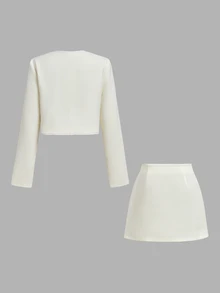 SHEIN MOD Bộ phối áo blazer và chân váy dệt kim màu trắng kem, cúc hình ếch, phong cách Pháp thanh lịch, cho brunch, tiệc trà, mùa thu/thu đông - Màu be - Xem 4