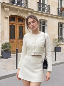 SHEIN MOD Bộ phối áo blazer và chân váy dệt kim màu trắng kem, cúc hình ếch, phong cách Pháp thanh lịch, cho brunch, tiệc trà, mùa thu/thu đông - Màu be - Xem 1