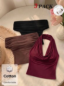 SHEIN MOD 3件組女款多穿搭背心上衣 外出夜店夜生活適用 酒紅、黑色、深棕色 夏季性感休閒 - 彩色 - 查看 1