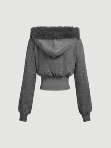 SHEIN MOD 女款短版連帽拉鍊夾克，羅紋袖口與下擺，灰色，適合秋季夜生活街頭休閒穿搭 - 淺灰色 - 查看 5