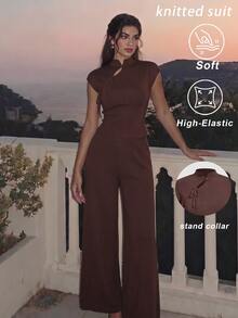 SHEIN MOD Women Chic French Retro Dark Brown Ribbed Knit Two Pieces Outfit Featuring Mandarin Collar Tie Front Top And Wide Leg Elastic Waist Pants Lounge Set - Brown - View 3
