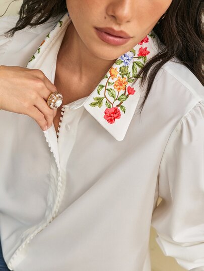 Écloséra Women Blouse Fitted Puff Sleeve Woven Scalloped Floral Embroidered Lapel Elegant White Red Green Floral French Chic Office Wear Lantern Sleeve Top