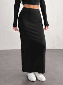 SHEIN PETITE Women'S Black Knit Tight-Fit Knee-Length Skirt - Black - View 5