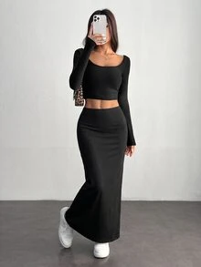 SHEIN PETITE Women'S Black Knit Tight-Fit Knee-Length Skirt - Black - View 2