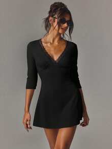 Athîral Women's Casual V-Neck Elastic Mid-Sleeve Backless Short Dress, Date Outfit, Party Outfit, Daily Wear - Black - View 4
