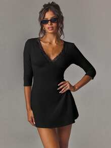 Athîral Women's Casual V-Neck Elastic Mid-Sleeve Backless Short Dress, Date Outfit, Party Outfit, Daily Wear - Black - View 5