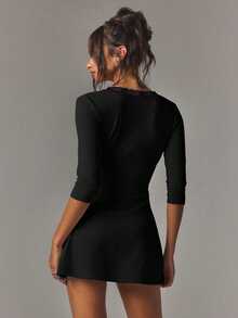 Athîral Women's Casual V-Neck Elastic Mid-Sleeve Backless Short Dress, Date Outfit, Party Outfit, Daily Wear - Black - View 2