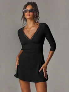 Athîral Women's Casual V-Neck Elastic Mid-Sleeve Backless Short Dress, Date Outfit, Party Outfit, Daily Wear - Black - View 1