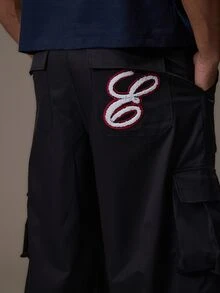 Emperor Men's Loose Fit Wide Leg Pants Black And Red Baggy Pockets Cargo Pants Embroidered Patch Vacation Fall Streetwear Beach Rave - Black - View 3