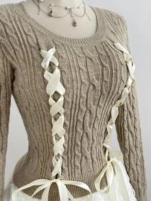 Dulcita Women's Sexy Romantic Sweet Cute Ribbon Bow Cold Shoulder Top, Fashion Party Brunch Outfit, Loose Casual Versatile Daily Commute Sweater Khaki Autumn - Multicolor - View 5
