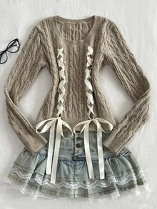 Dulcita Women's Sexy Romantic Sweet Cute Ribbon Bow Cold Shoulder Top, Fashion Party Brunch Outfit, Loose Casual Versatile Daily Commute Sweater Khaki Autumn - Multicolor - View 4