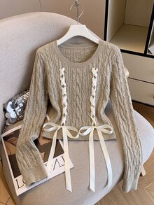 Dulcita Women's Sexy Romantic Sweet Cute Ribbon Bow Cold Shoulder Top, Fashion Party Brunch Outfit, Loose Casual Versatile Daily Commute Sweater Khaki Autumn - Multicolor - View 9