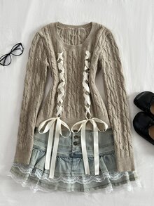 Dulcita Women's Sexy Romantic Sweet Cute Ribbon Bow Cold Shoulder Top, Fashion Party Brunch Outfit, Loose Casual Versatile Daily Commute Sweater Khaki Autumn - Multicolor - View 8