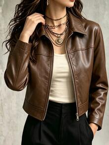 Trelyra American Vintage PU Leather Zip-Up Lapel Jacket - Coffee Brown - View 5