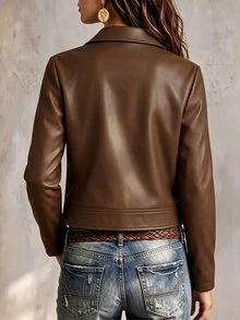 Trelyra American Vintage PU Leather Zip-Up Lapel Jacket - Coffee Brown - View 3