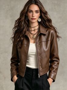 Trelyra American Vintage PU Leather Zip-Up Lapel Jacket - Coffee Brown - View 1
