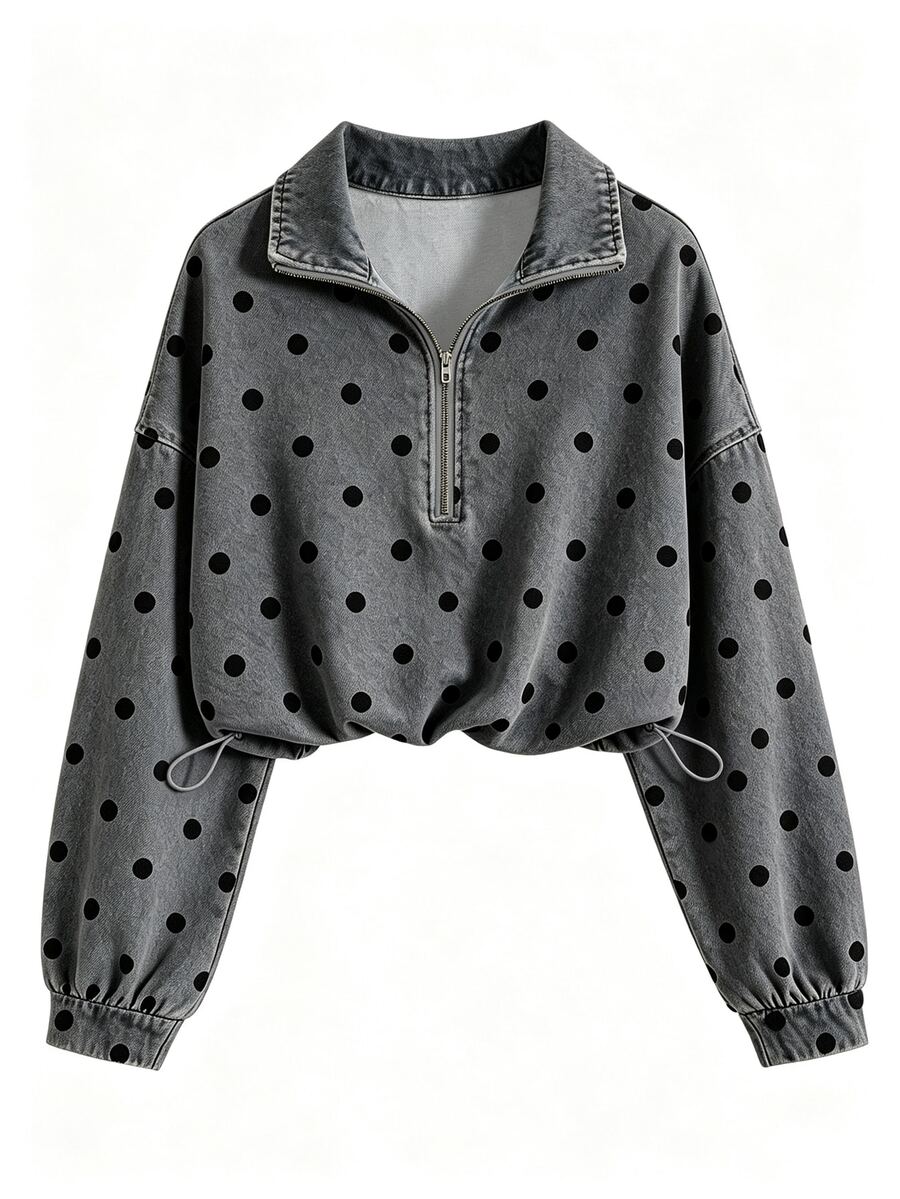 QUELARIE Women's Polka Dot Print American Vintage Half-Zip Niche Sweatshirt - Grey - View 1