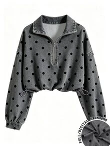 QUELARIE Women's Polka Dot Print American Vintage Half-Zip Niche Sweatshirt - Grey - View 3