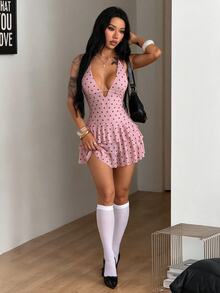 Coolane 女款夏季舒適彈性休閒外出性感夜店復古波點深V領荷葉邊粉色掛脖迷你洋裝 - 淺粉色 - 查看 6