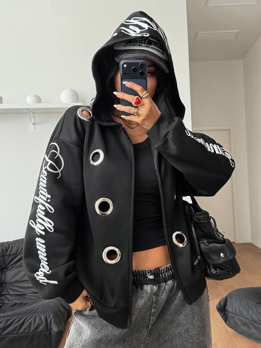 Coolane Women's Fall/Winter Streetwear Sexy Y2k Chic Punk Concert Outfit Rave Outfit Graphics Warm Silvery Grommet Eyelet Zip Up Loose Hooded Sweatshirt