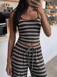 FavEase 2pcs/Set Women's Striped Versatile New Yoga Running Cycling Fitness Outdoor Casual Wear Suitable For Spring Summer Autumn Winter - Multicolor - View 4