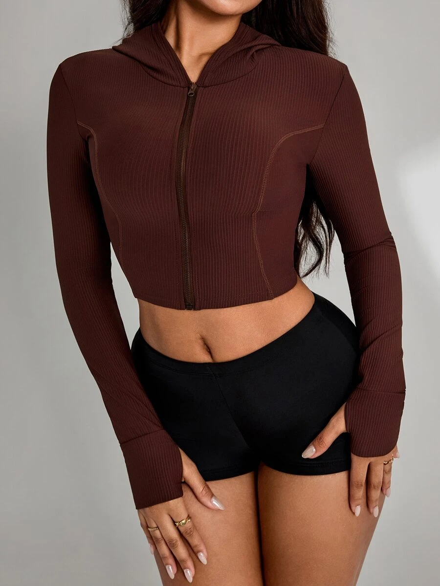 Sirith Women's Solid Color Casual Daily Long Sleeve Sports Jacket - Brown - View 1