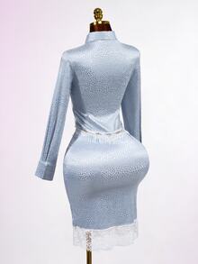 Mistrie Light Blue Satin Leopard Lace Trim Shirt Bodycon Skirt, Elegant Romantic Fall Winter Matching Set High Tea Tea Party Aqua Blue - Blue - View 3