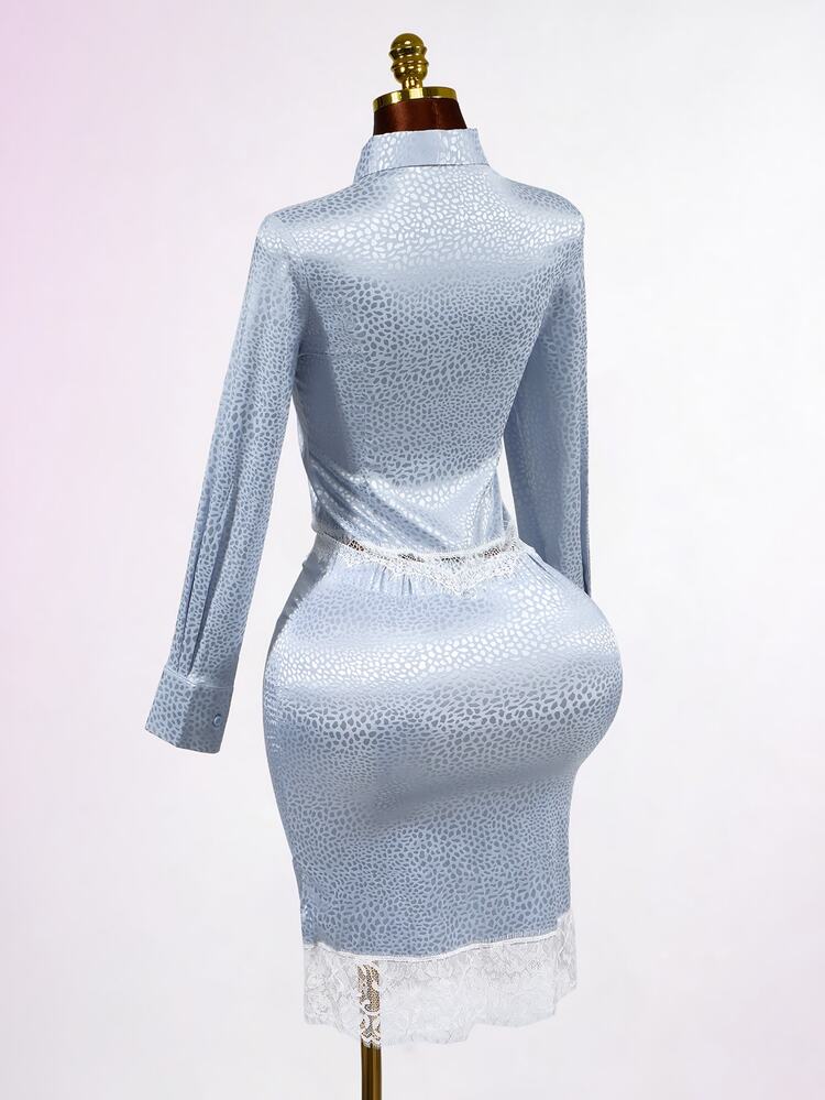 Mistrie Light Blue Satin Leopard Lace Trim Shirt  Bodycon Skirt, Elegant Romantic Fall Winter Matching Set High Tea Tea Party Aqua Blue - Blue - View 2