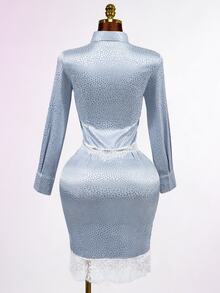 Mistrie Light Blue Satin Leopard Lace Trim Shirt Bodycon Skirt, Elegant Romantic Fall Winter Matching Set High Tea Tea Party Aqua Blue - Blue - View 8