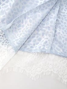 Mistrie Light Blue Satin Leopard Lace Trim Shirt Bodycon Skirt, Elegant Romantic Fall Winter Matching Set High Tea Tea Party Aqua Blue - Blue - View 10