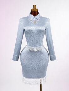 Mistrie Light Blue Satin Leopard Lace Trim Shirt Bodycon Skirt, Elegant Romantic Fall Winter Matching Set High Tea Tea Party Aqua Blue - Blue - View 7