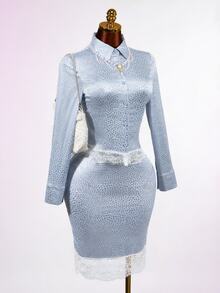 Mistrie Light Blue Satin Leopard Lace Trim Shirt Bodycon Skirt, Elegant Romantic Fall Winter Matching Set High Tea Tea Party Aqua Blue - Blue - View 4