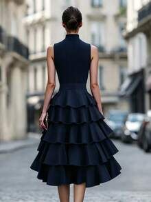 Balvessa Women's Autumn/Winter High Neck Sleeveless French Style Knitted Patchwork Multi-Layer Ruffle Waist-Cinching Dress, Suitable For Daily Wear, Dating, Party, Banquet, Valentine's Day - Navy Blue - View 2