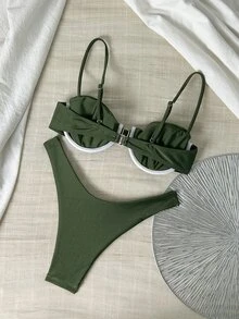 Oceva 1 套女士夏季泳装，含纯色细肩带文胸上衣和三角泳裤 - 墨綠色 - 查看 2