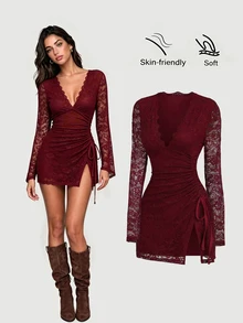 Sweetra Y2K Sexy Elegant Lace Commuter Side Waist Drawstring Versatile Party Dress - Burgundy - View 3