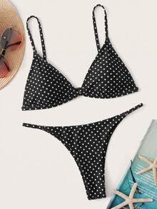 Swim Basics 2026 Triangle Cup Low Waist Polka Dot Print Bikini Two-Piece Swimsuit - Black - View 4