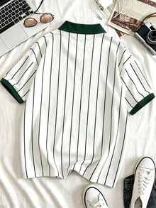 Manfinity Hypemode 男士復古條紋 Polo 衫，紐約圖案印花，學院風街頭風格領口短袖上衣 - 彩色 - 查看 4