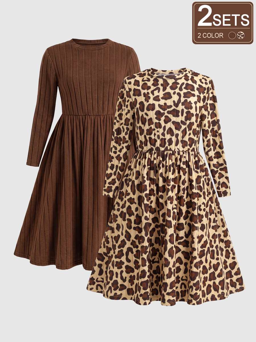 SHEIN Vintaside Kids Young Girls 2pcs Long Sleeve Dress Set, Leopard Print & Solid Brown Ribbed Knit A-Line Skirt For Fall Winter - Multicolor - View 1