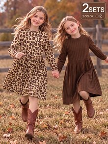 SHEIN Vintaside Kids 女童 2 件組長袖洋裝套裝，豹紋與純色棕色羅紋針織 A 字裙，秋冬款 - 彩色 - 查看 1