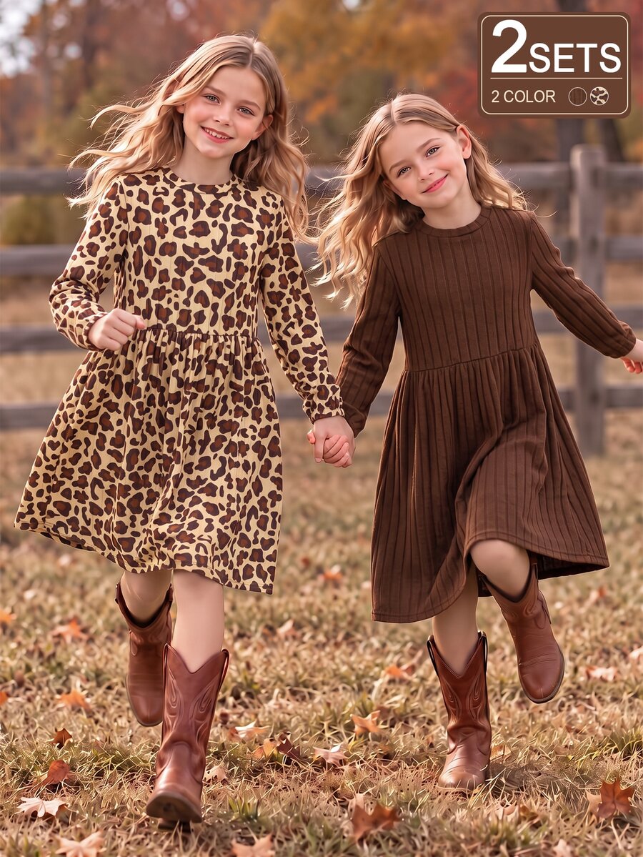 SHEIN Vintaside Kids 女童 2 件組長袖洋裝套裝，豹紋與純色棕色羅紋針織 A 字裙，秋冬款 - 彩色 - 查看 1