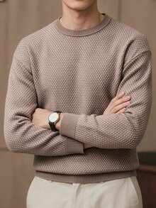 Manfinity Homme 男士全印花日常穿著長袖針織衫，Ins風格，華麗派對，街頭成熟，寬鬆版型秋季針織衫，正式，老錢風，棕色 - 駝色 - 查看 1