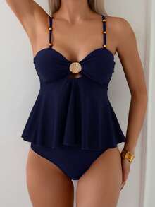 SHEIN Swim Women's 2 Pieces Elegant Vacation Shell Metal Beaded Tankini Swimwear Set, Beach Outfit - Navy Blue - View 1