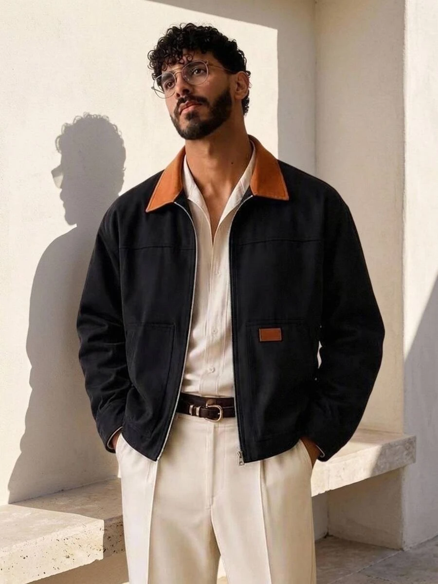 HIMLAND Men's Woven Fitted Shoulder Colorblock Patchwork Long Sleeve Casual Shacket, Suitable For Autumn/Winter Halloween Winter Party Autumn - Multicolor - View 1