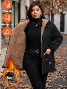 SHEIN Clasi Plus Size Faux Rabbit Fur Lined Puffer Jacket Hood Patchwork Design Holiday Going Out Homewear Club Black Winter Casual Smart Baggy - Black - View 3