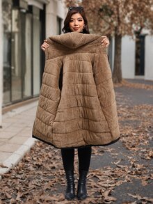 SHEIN Clasi Plus Size Faux Rabbit Fur Lined Puffer Jacket Hood Patchwork Design Holiday Going Out Homewear Club Black Winter Casual Smart Baggy - Black - View 11