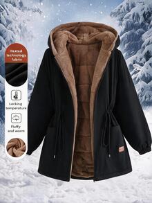 SHEIN Clasi Plus Size Faux Rabbit Fur Lined Puffer Jacket Hood Patchwork Design Holiday Going Out Homewear Club Black Winter Casual Smart Baggy - Black - View 1